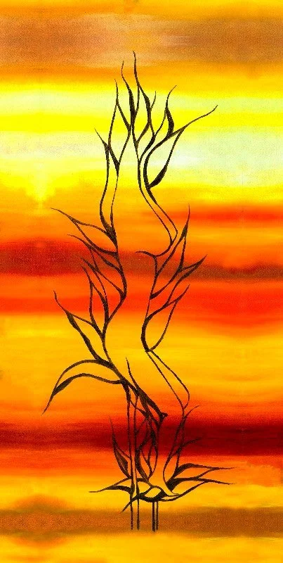 Silhouette of a plant with elongated leaves against a vibrant, colorful sunset background with orange, yellow, and red hues.
