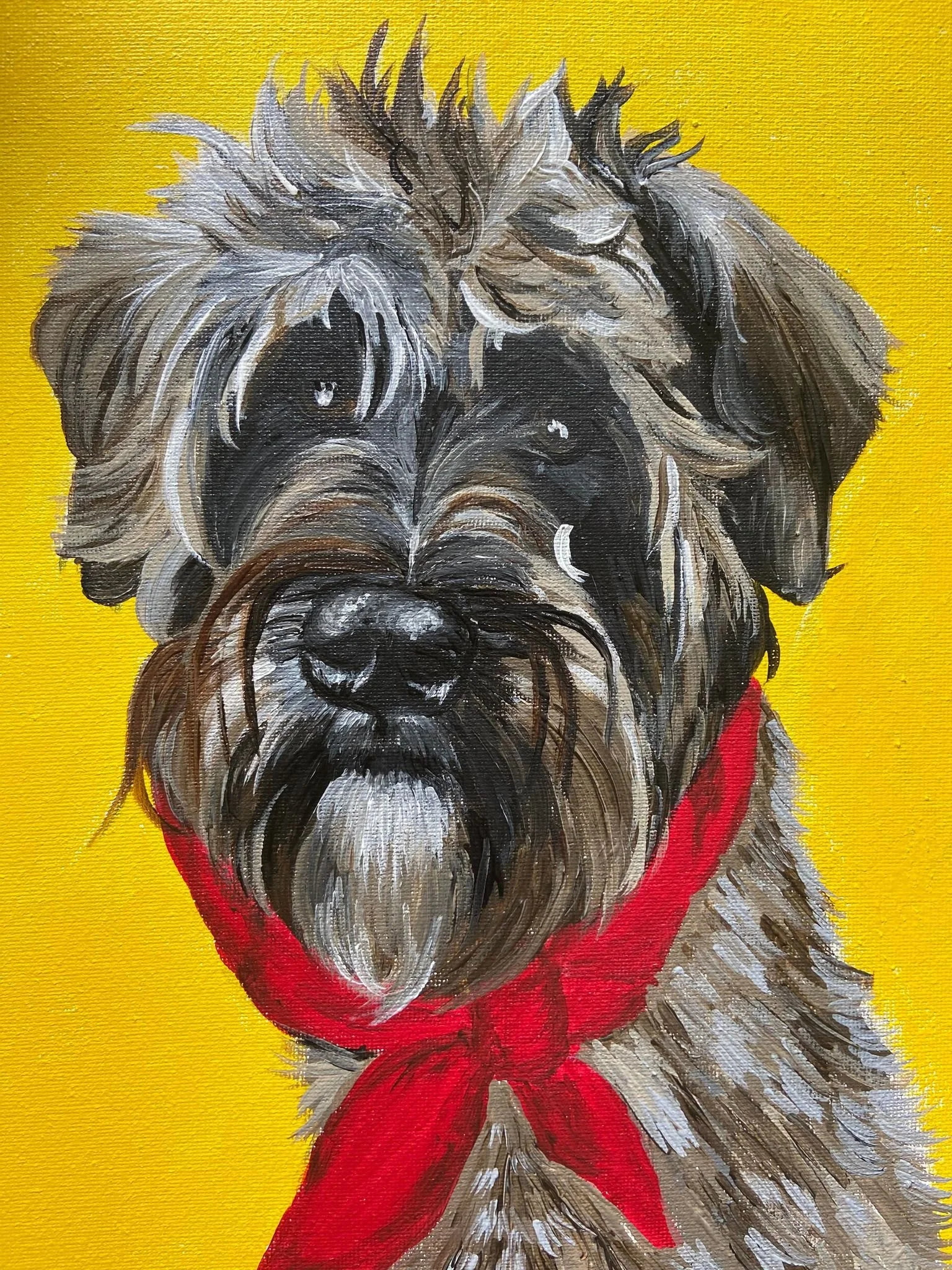 Painting of a scruffy, large dog with gray and black fur, wearing a red bandana, set against a yellow background.