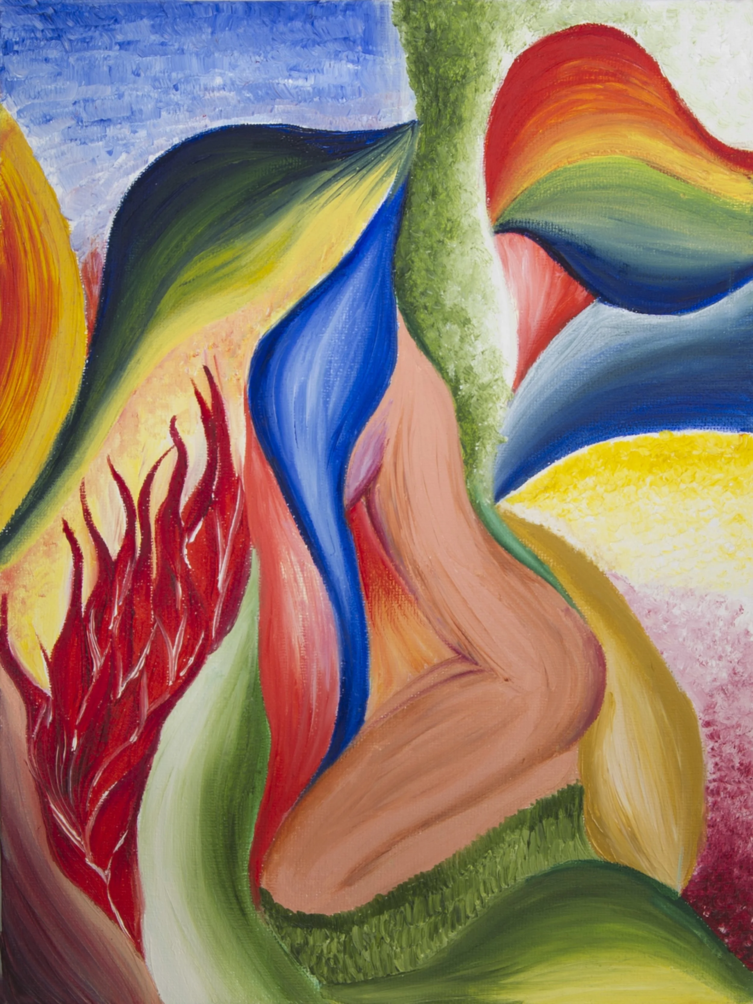 Abstract colorful painting with swirling shapes in blue, green, red, yellow, and peach hues.