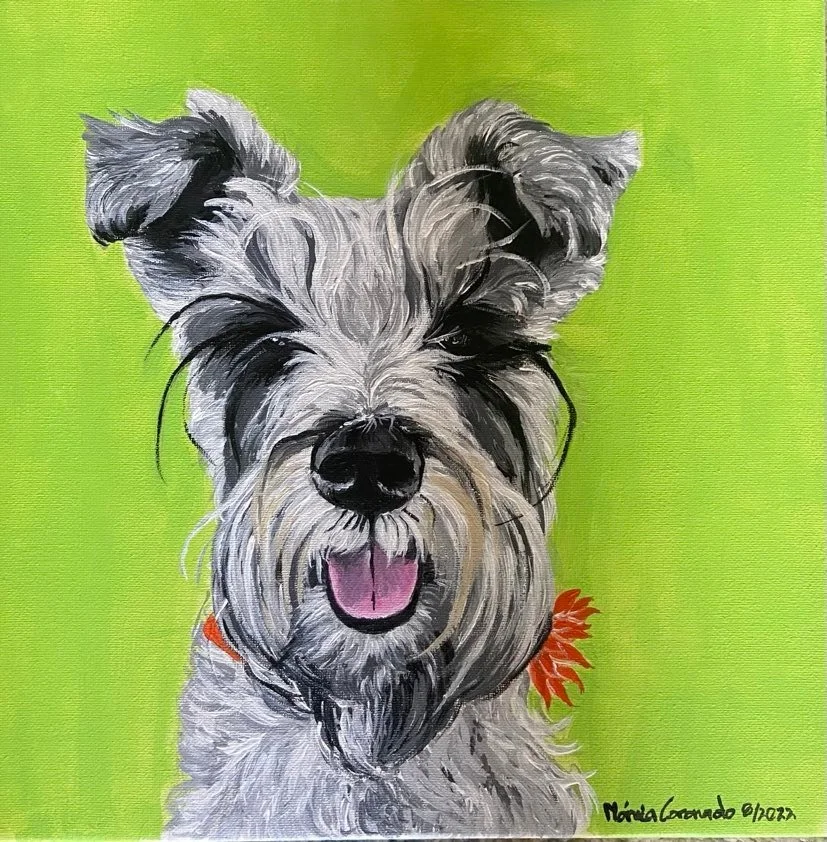 Painting of a happy Schnauzer dog with its tongue out, against a vibrant green background.
