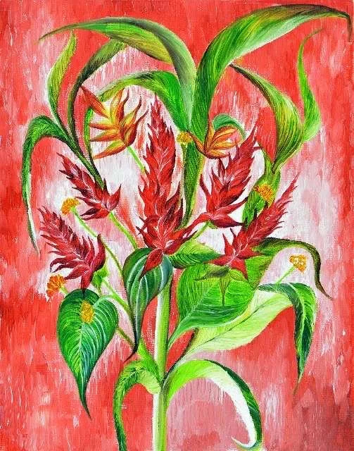 Colorful painting of a plant with red bracts and green leaves on a red background.
