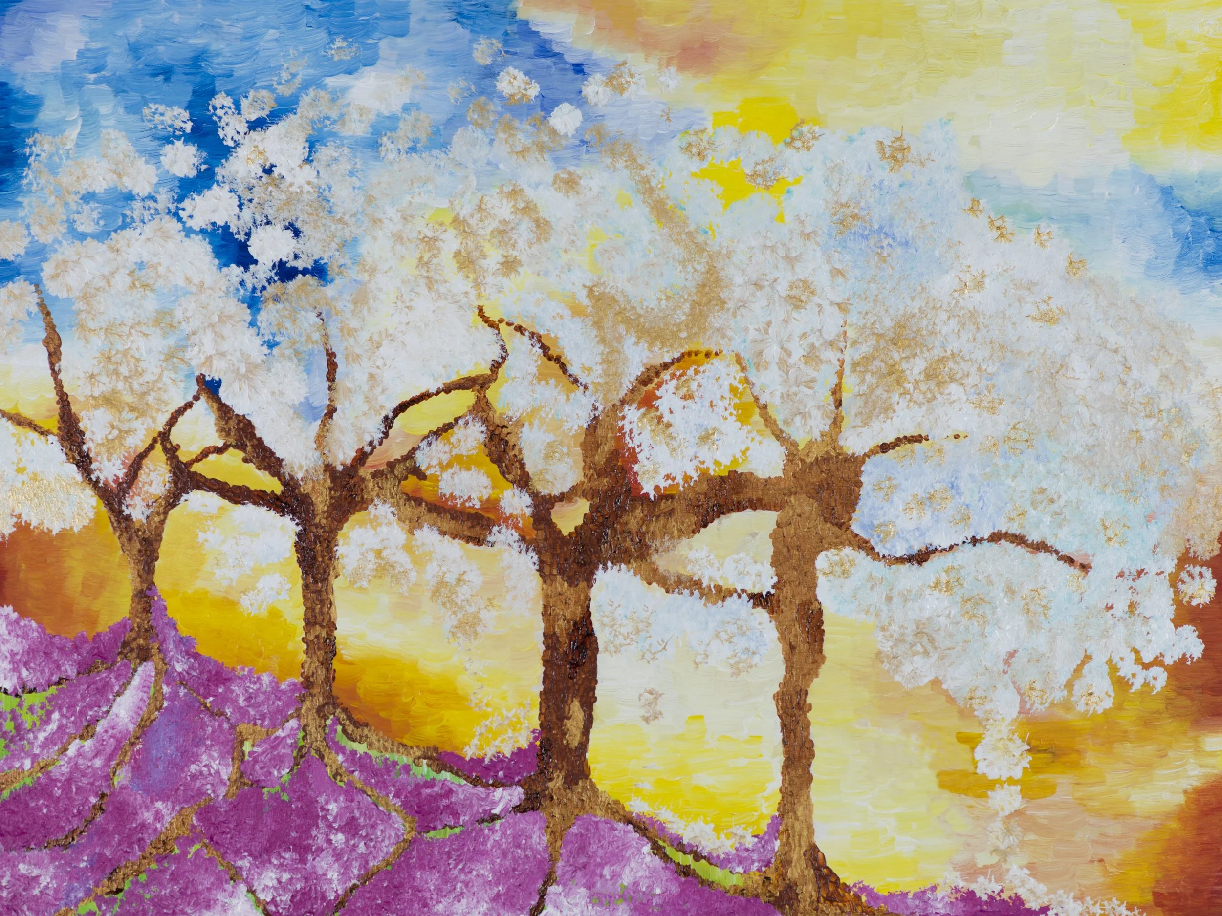 A colorful painting of three trees with white blossoms, a purple ground, and a yellow and blue sky.