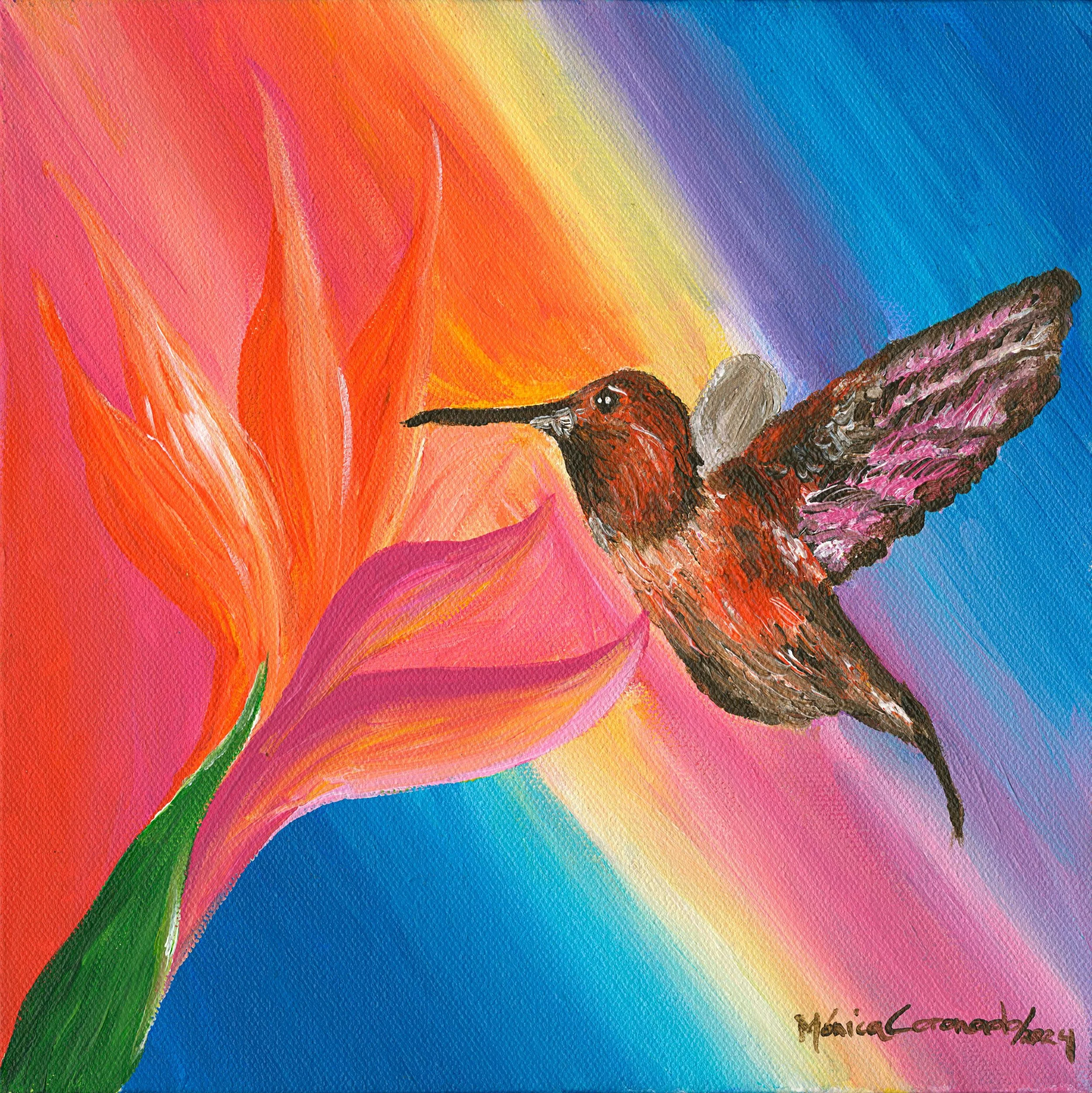 Painting of a hummingbird near a pink and orange flower with a vibrant rainbow background.