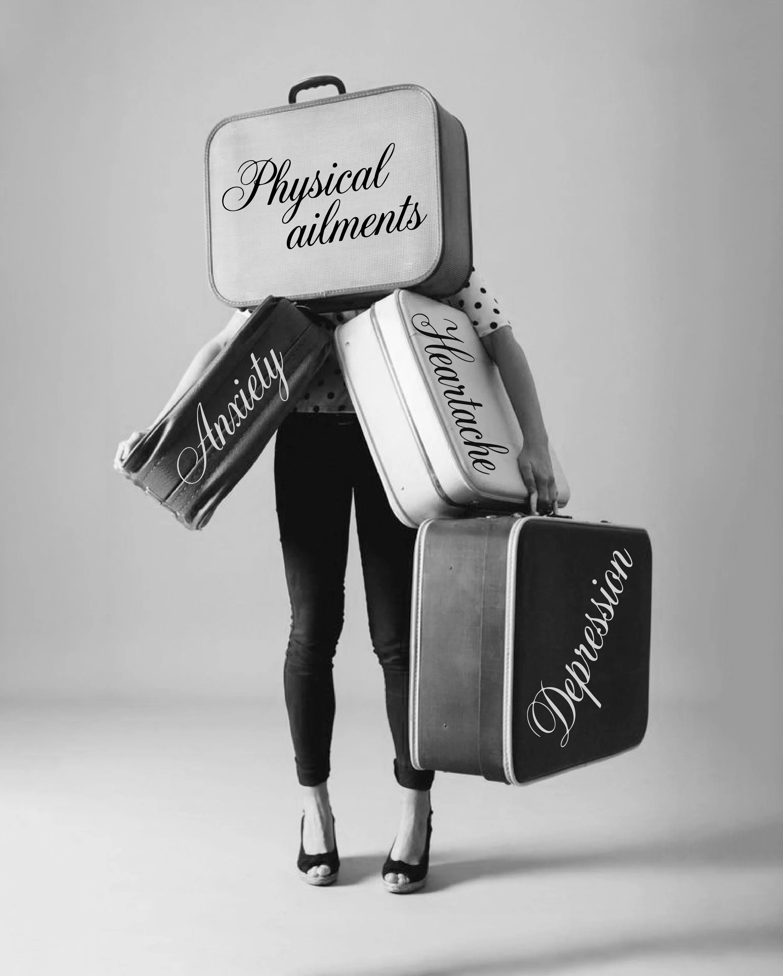 Person carrying multiple vintage suitcases stacked on their shoulder and hand, all labeled with different words in cursive, against a plain gray background.