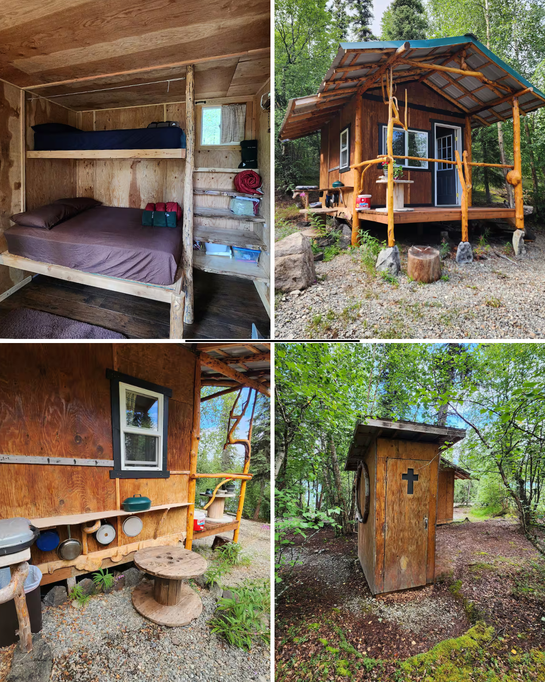 This listing is for a dry cabin that can sleep up to 3. The cabin is outfitted with a set of bunk beds, one full size and one twin mattress, complete with sleeping bags and a designated desk. Please note there is no running water in the cabin. Contai