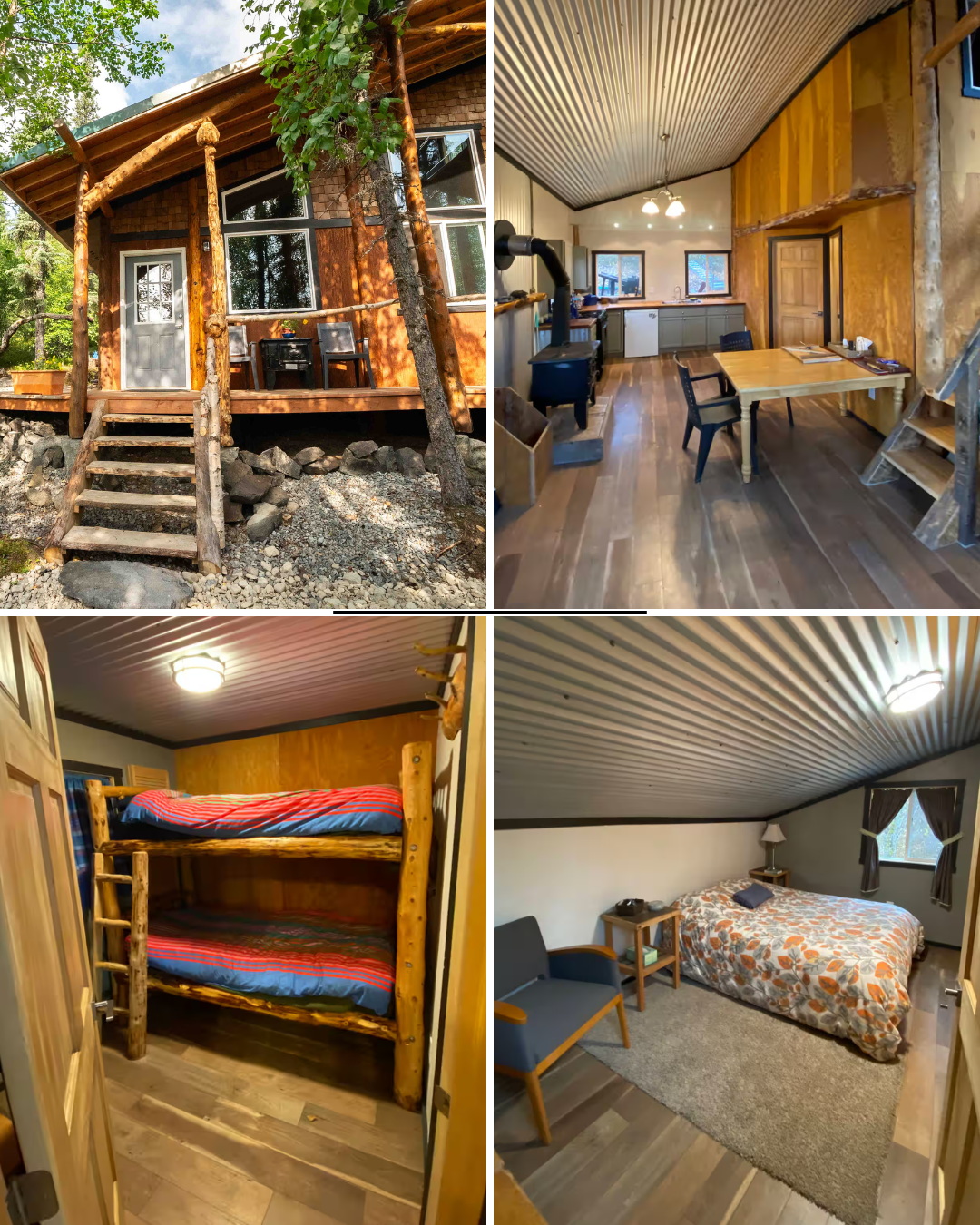 This two-bedroom cabin is located just up from the main lodge sitting in the trees, about 100 feet up from the shoreline. The cabin can sleep 4 comfortably, with room for 2 others. The main floor features a bedroom with a set of bunk beds with two tw