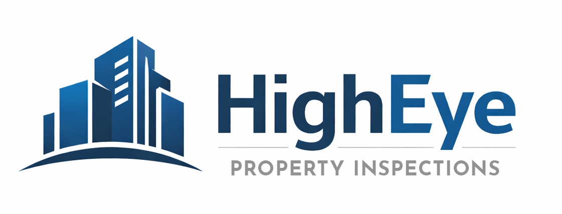 Logo for HighEye Property Inspections featuring stylized blue buildings and text.