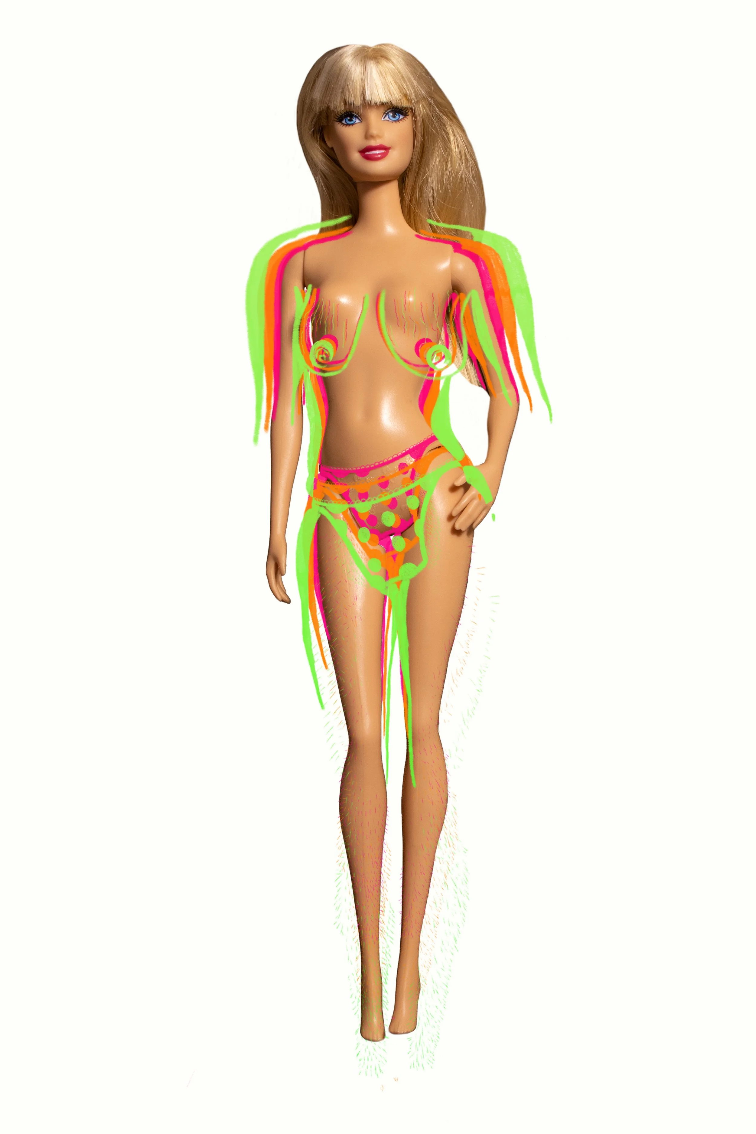 This work confronts the tension between idealized femininity and reality by taking an iconic, manufactured body and interrupting it with marks that feel raw, expressive and undeniably human. The doll represents a long-standing, polished standard (smo