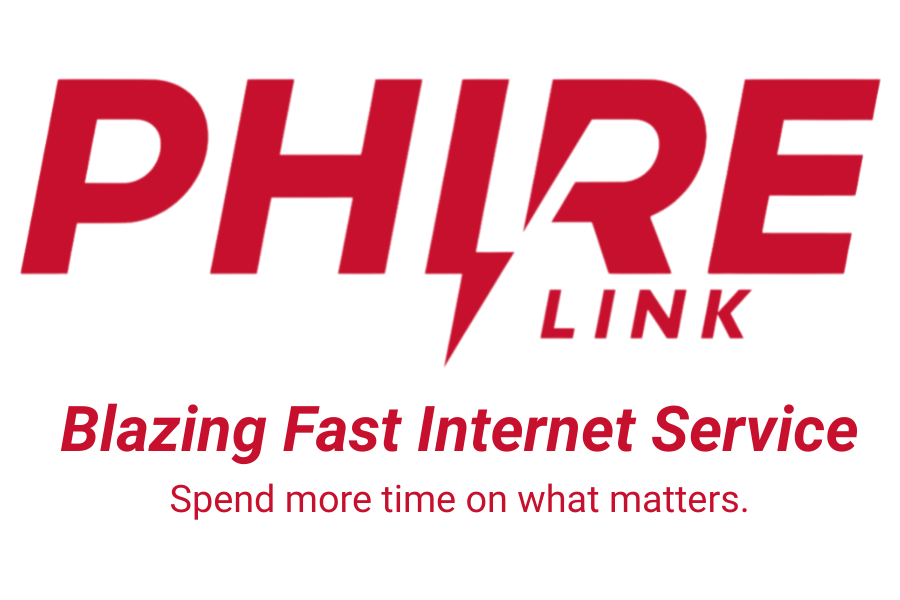A logo with the text 'PH4RE LINK', a lightning bolt replacing the number four, followed by the slogan 'Blazing Fast Internet Service' in bold red letters and the tagline 'Spend more time on what matters.'