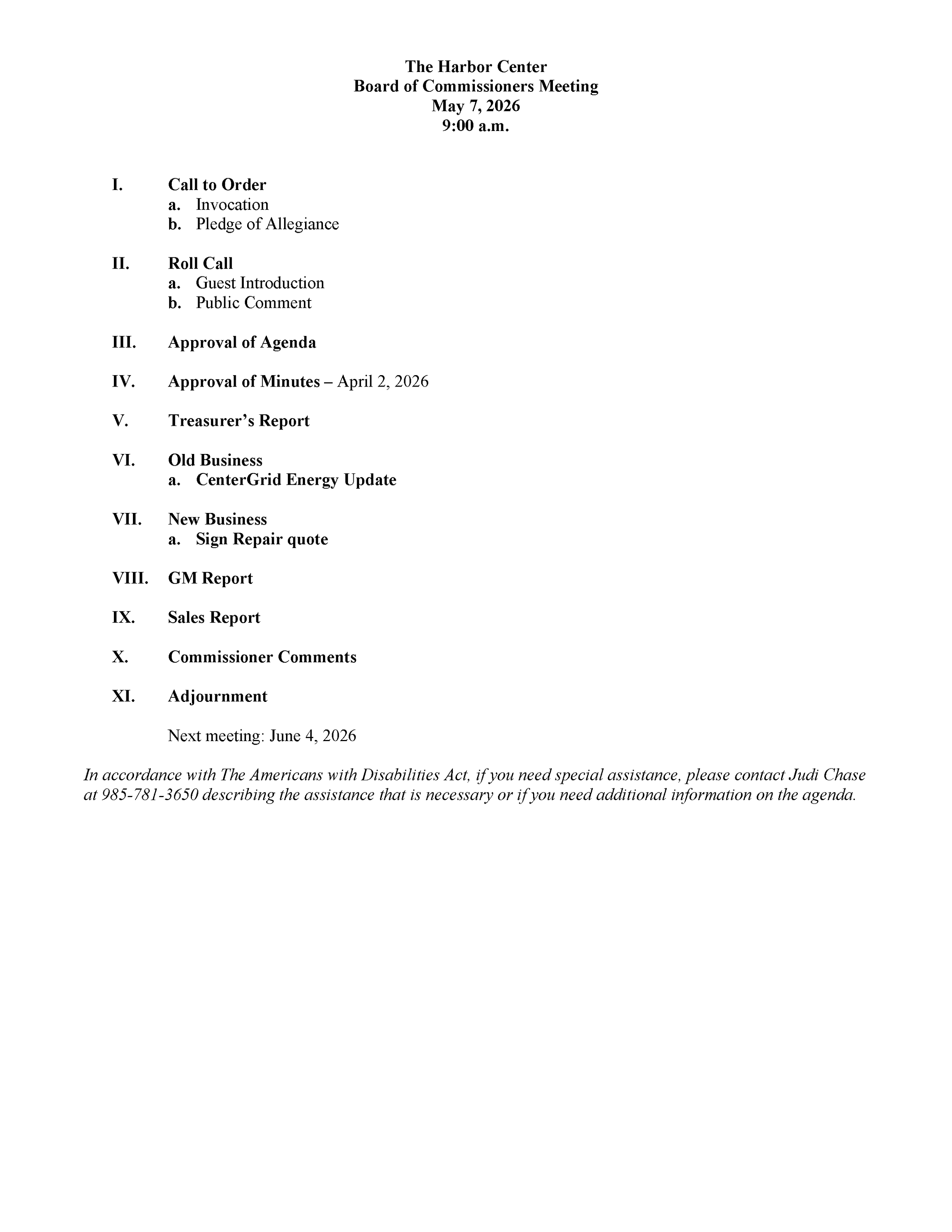 The agenda for the Harbor Center Board of Commissioners meeting held on May 7, 2026, starting at 9:00 a.m., listing items such as call to order, roll call, approval of agenda and minutes, reports, old and new business, and adjournment, with instructions for accessibility support.