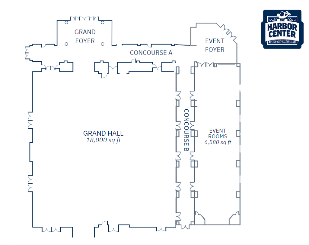 Floor plan of The Harbor Center showing a grand hall, grand foyer, conference rooms, event foyer, event rooms, and corridors.