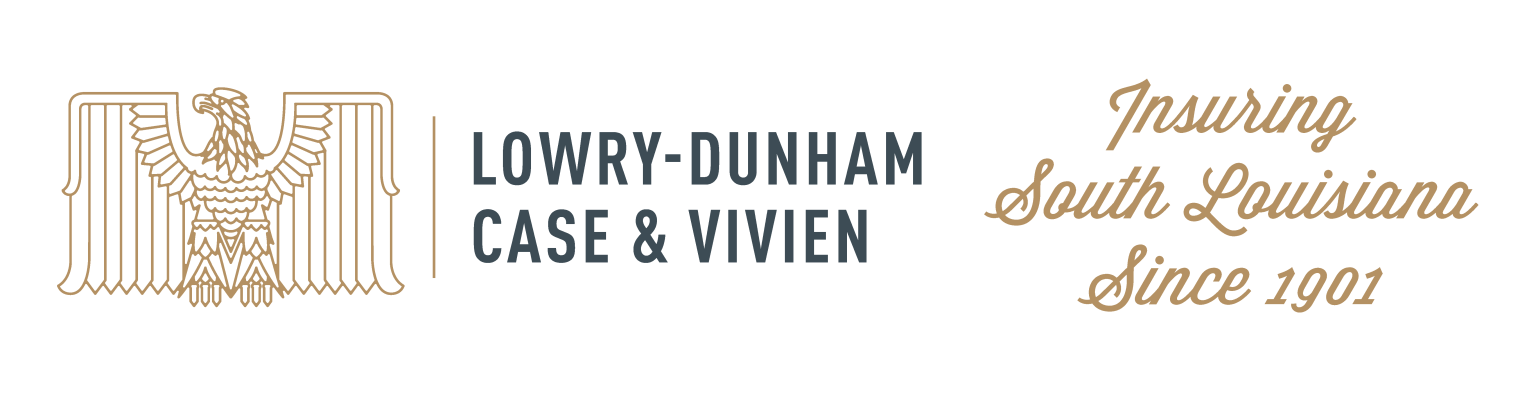 A logo for Lowry-Dunham, Case & Vivien insurance company, featuring a stylized gold eagle emblem and text stating they insure South Louisiana since 1901.