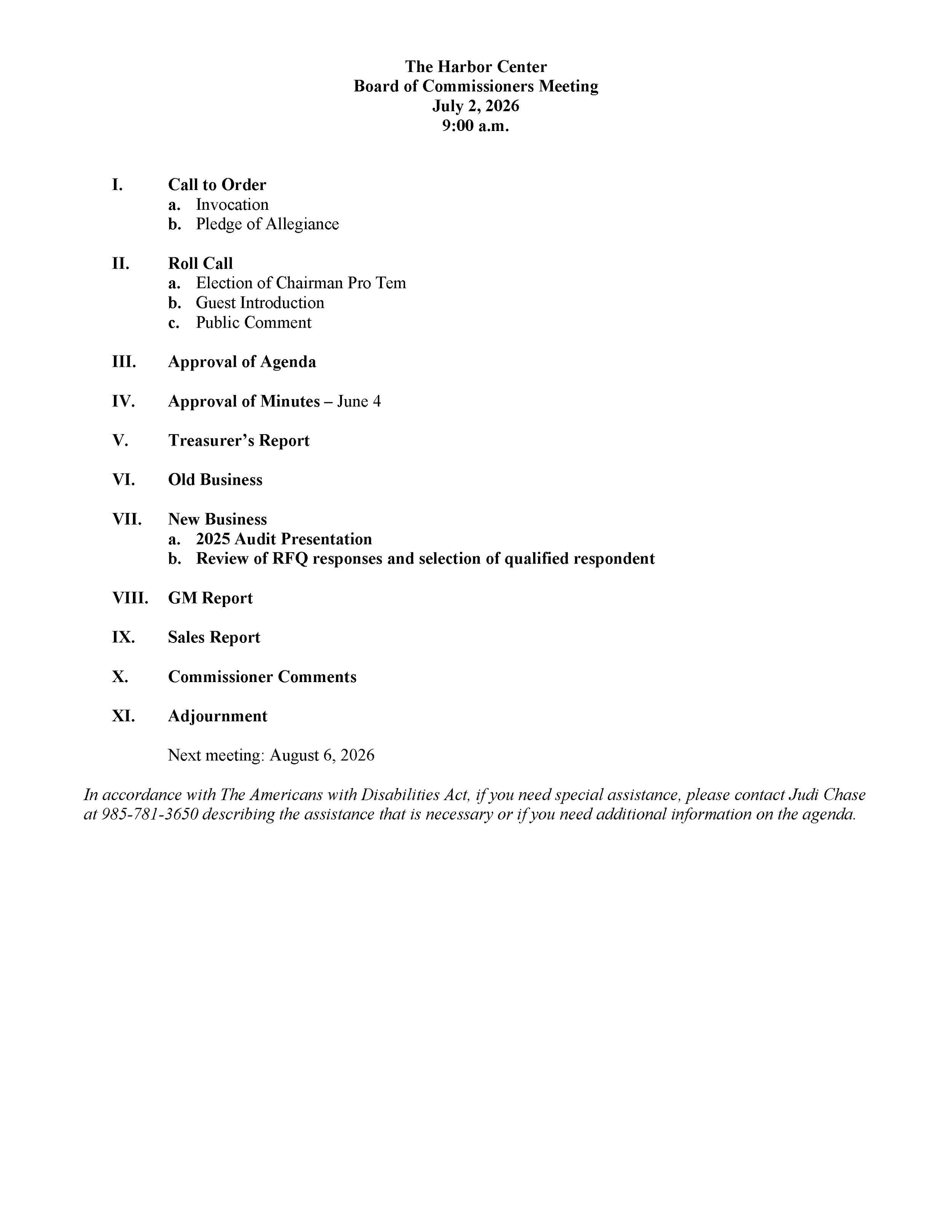 The agenda for a Board of Commissioners meeting at The Harbor Center on July 2, 2026 at 9:00 a.m., listing topics such as call to order, roll call, approval of agenda and minutes, reports, old and new business, comments, adjournment, and next meeting date.