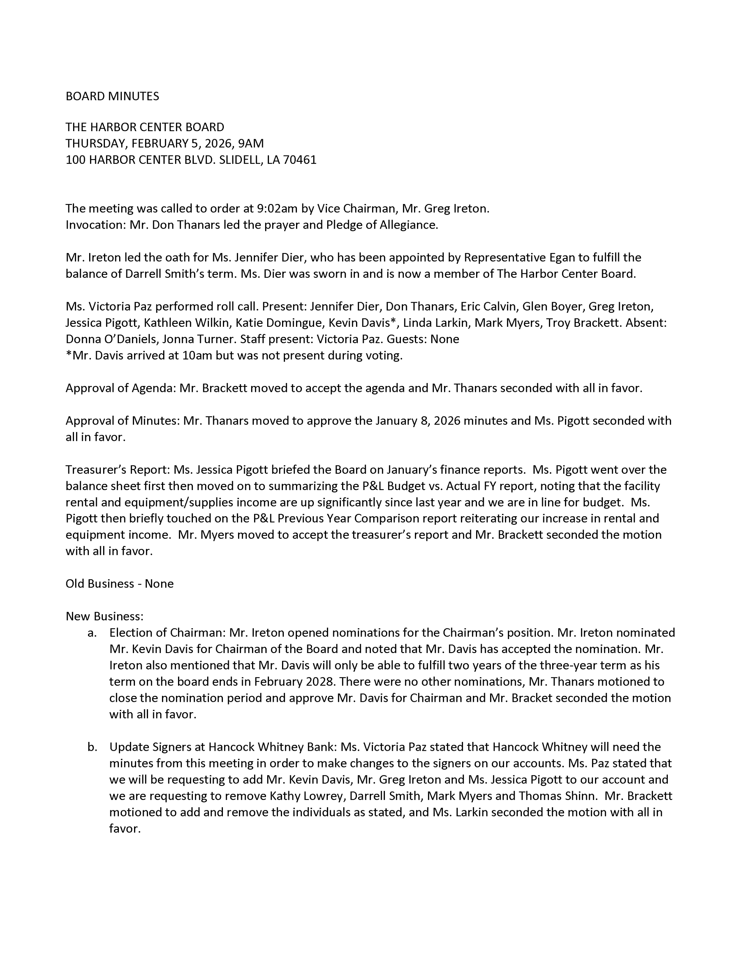 Minutes from the Harbor Center Board meeting, dated February 5, 2026, with details on attendees, approvals, financial reports, and new business nominations.