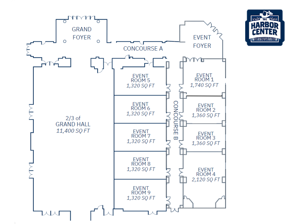 Blueprint layout of the Harbor Center event space, showing the Grand Foyer, Concourse A, Concourse B, and nine event rooms with measurements, along with a large grand hall area.