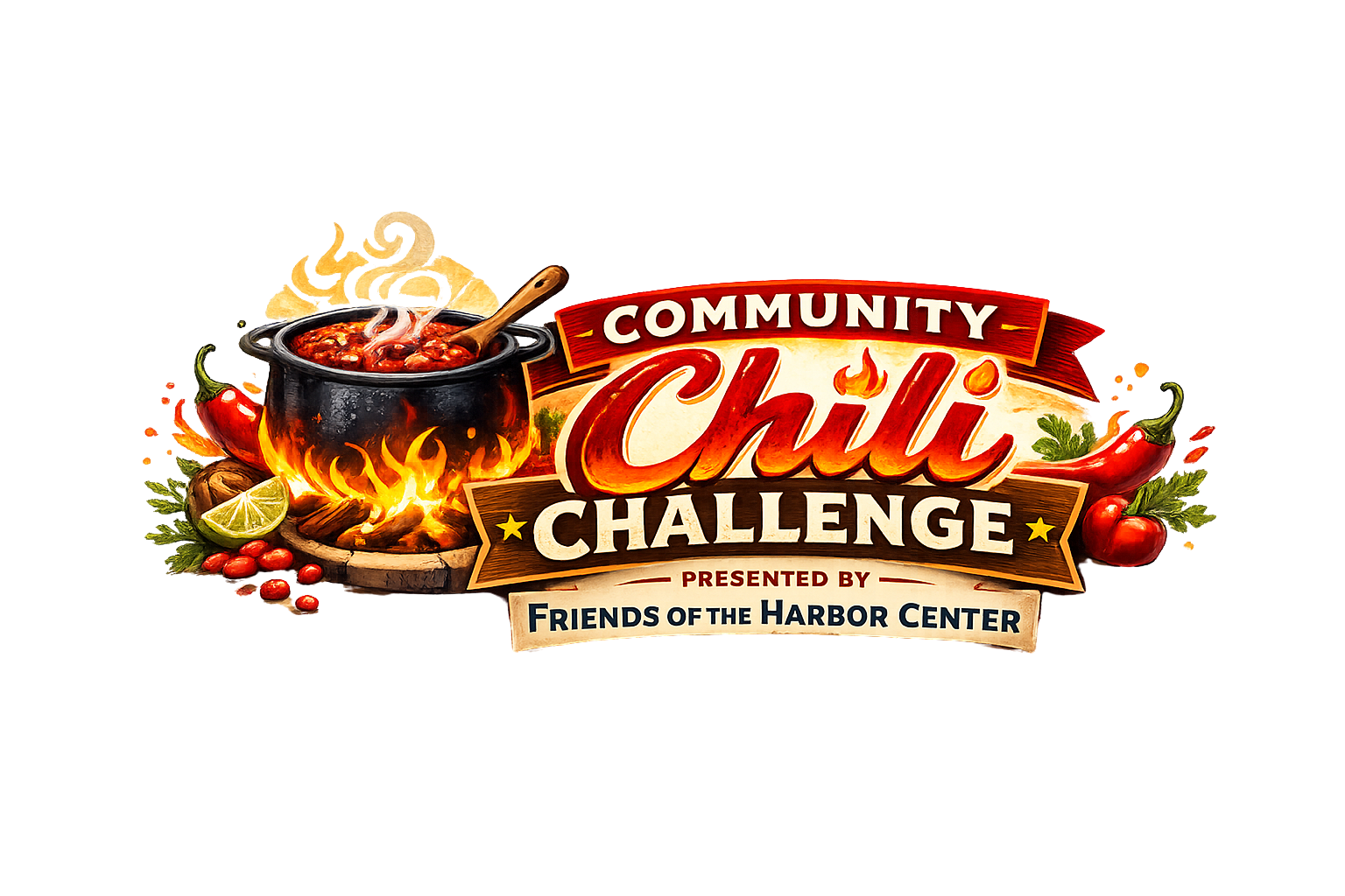 A promotional graphic for the Community Chilli Challenge, presented by Friends of the Harbor Center, featuring a steaming pot of chili on a fire, with peppers, lime, and herbs around it.