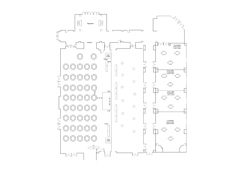 Black and white architectural floor plan of an event space, showing various rooms including a large banquet hall with round tables, a bar area, and smaller rooms labeled with seating capacities.