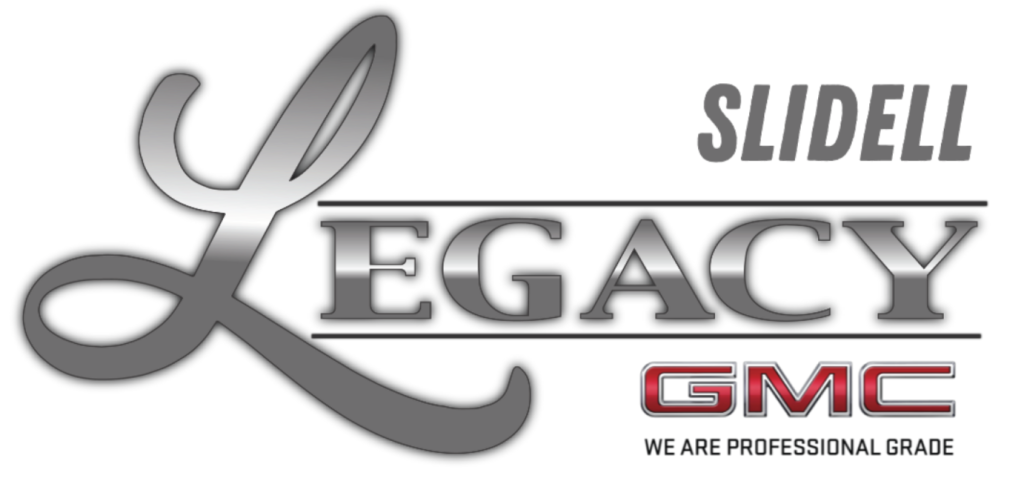 Logo with the text 'Slidell Legacy GMC' and slogan 'We Are Professional Grade', featuring stylized design elements in black, gray, and red.