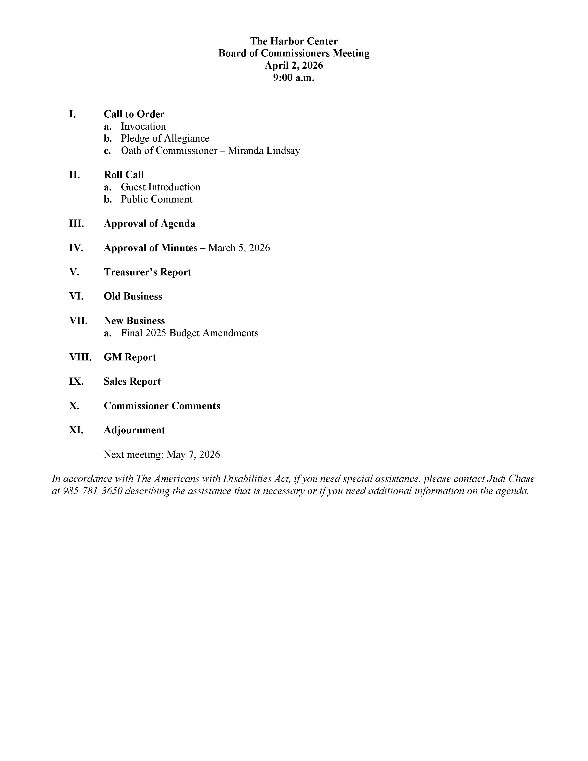 Agenda for The Harbor Center Board of Commissioners Meeting on April 2, 2026, at 9:00 a.m. including meeting items such as invocation, pledge of allegiance, oath, roll call, approval of agenda and minutes, reports, old and new business, sales report, commissioner comments, adjournment, and next meeting date.