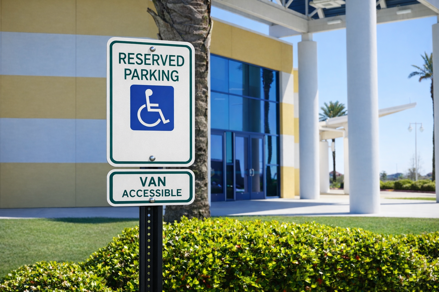 A parking sign indicating reserved parking for disabled van accessible vehicles in front of a modern building with palm trees.
