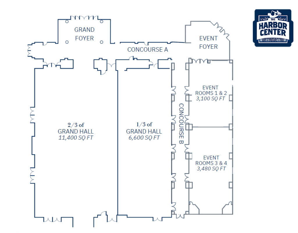 Floor plan of a convention center with labeled areas including Grand Foyer, Concourse A, Event Foyer, Concourse B, Grand Hall sections, and several event rooms with size measurements.