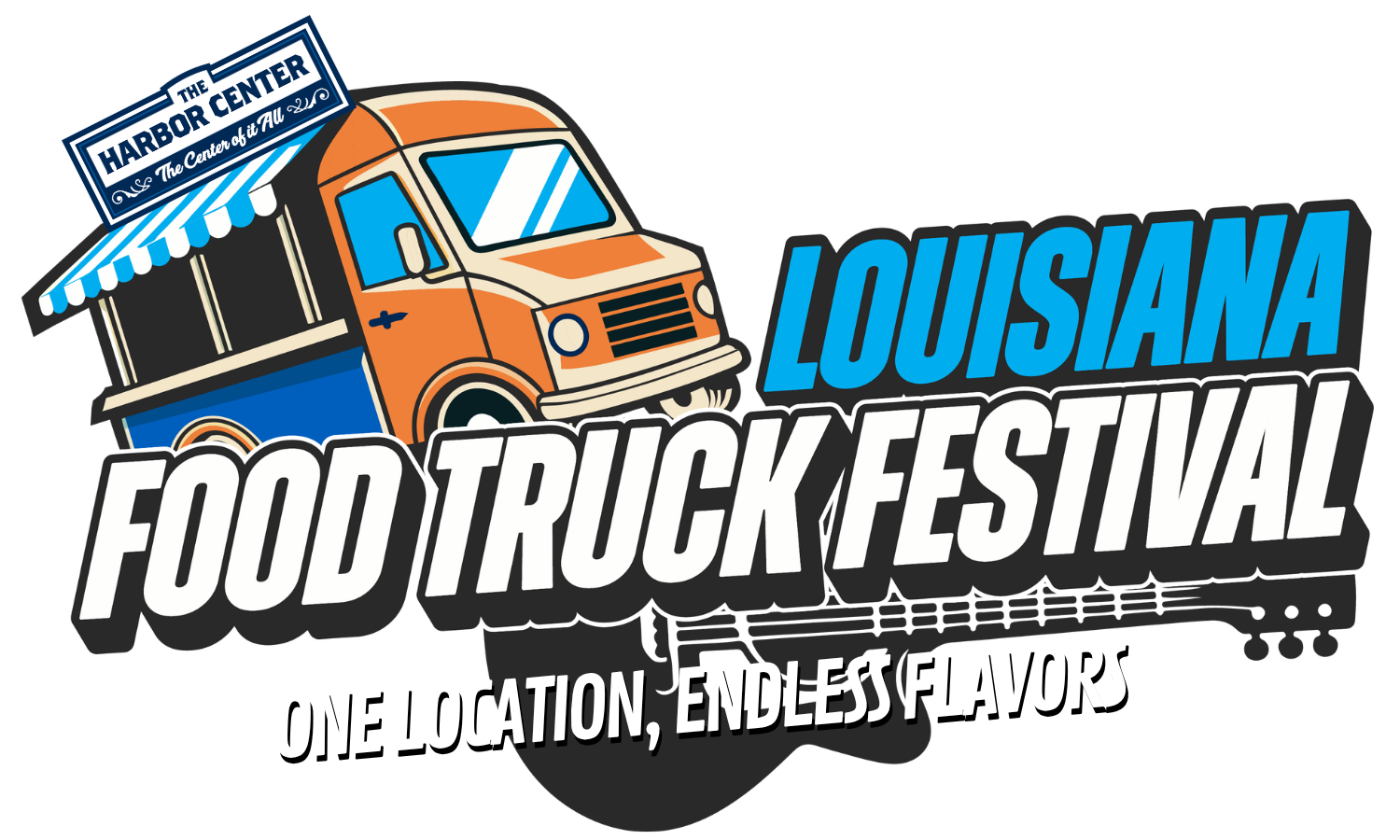Logo for the Louisiana Food Truck Festival featuring a colorful food truck with a striped awning and a sign that reads 'The Harbor Center, The Center of it All,' and the tagline 'One location, endless flavors.'