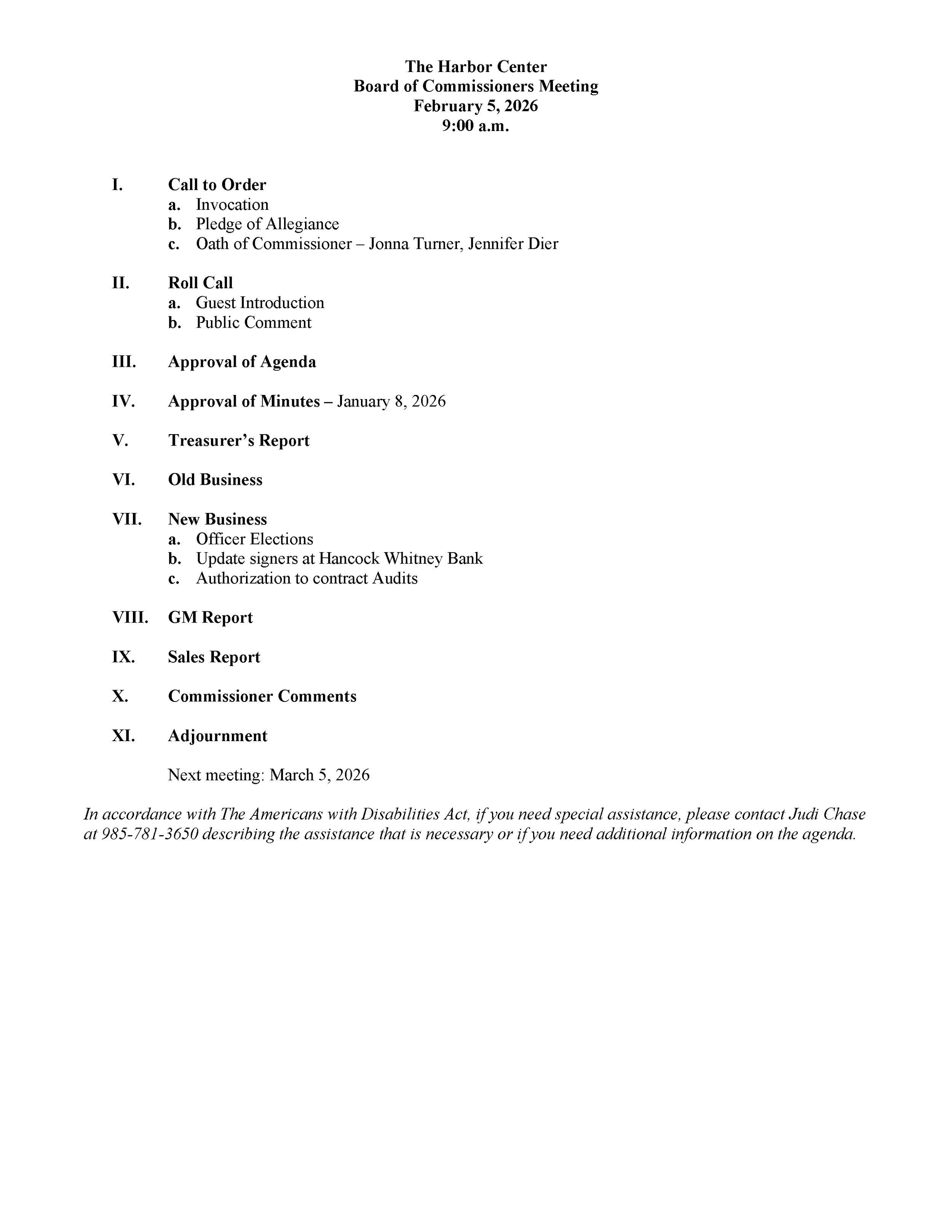 Agenda for the Harbor Center Board of Commissioners meeting on February 5, 2026, at 9:00 a.m., including items such as Call to Order, Roll Call, Approval of Agenda and Minutes, Treasurer’s Report, Old and New Business, GM Report, Sales Report, Commissioner Comments, and Adjournment.