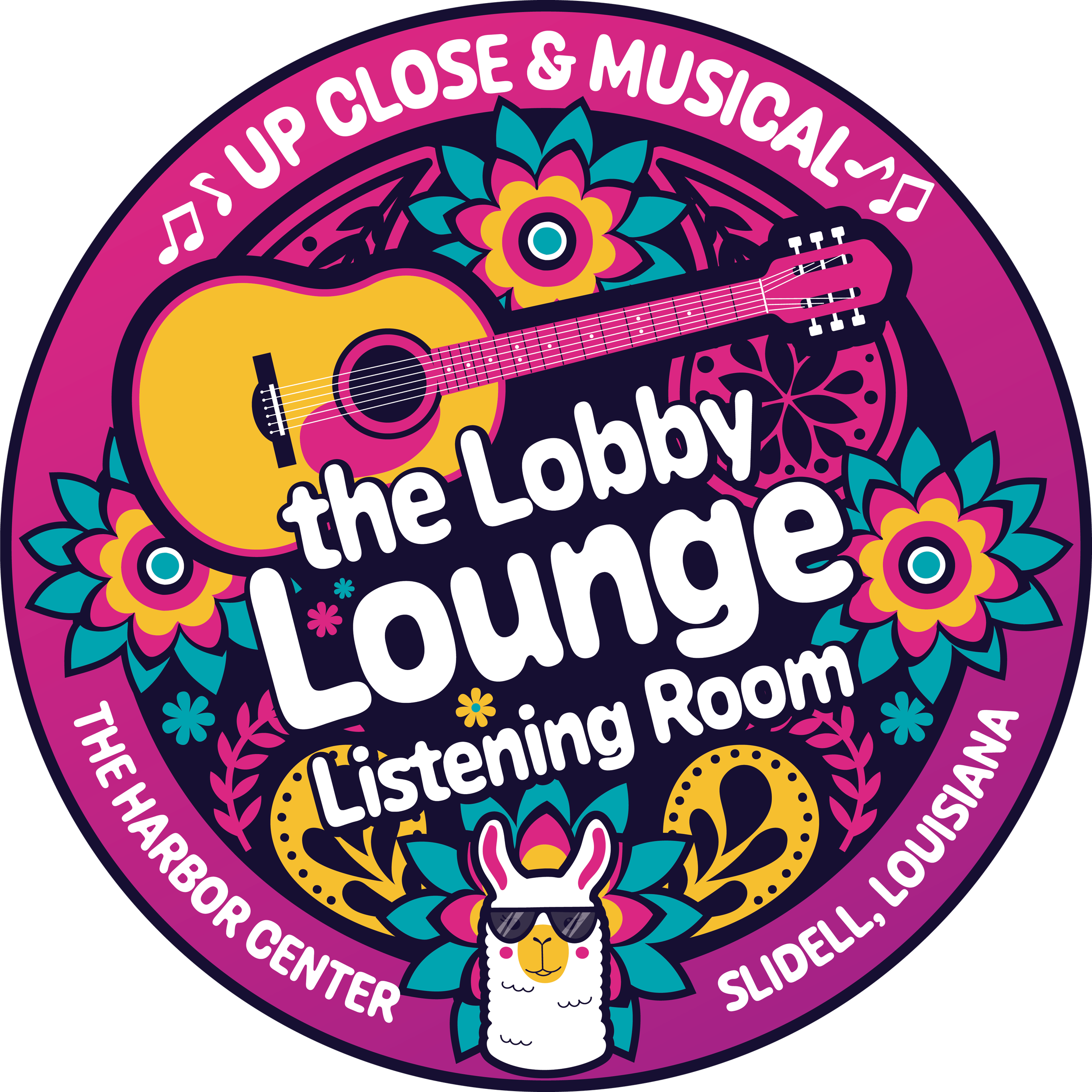 Colorful circular logo for the Lobby Lounge Listening Room at the Harbor Center in Slidell, Louisiana, featuring a yellow guitar, floral patterns, music notes, and an illustrated llama wearing sunglasses.