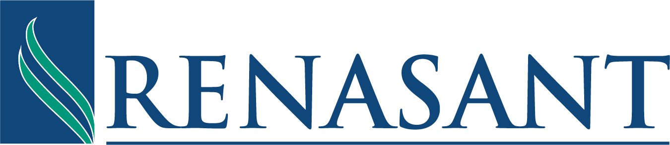 Logo of Renasant Bank with a stylized blue and green wave design