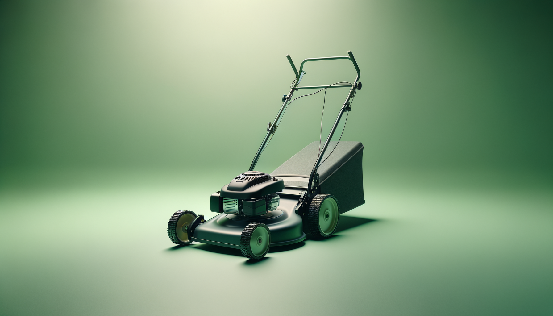 A modern electric lawn mower with a black and gray body and a large handlebar, set against a plain green background.