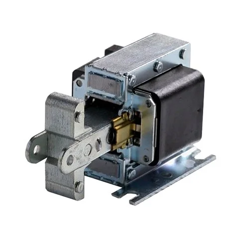 A metal industrial electromagnetic switch or relay with mounting base and electrical components.