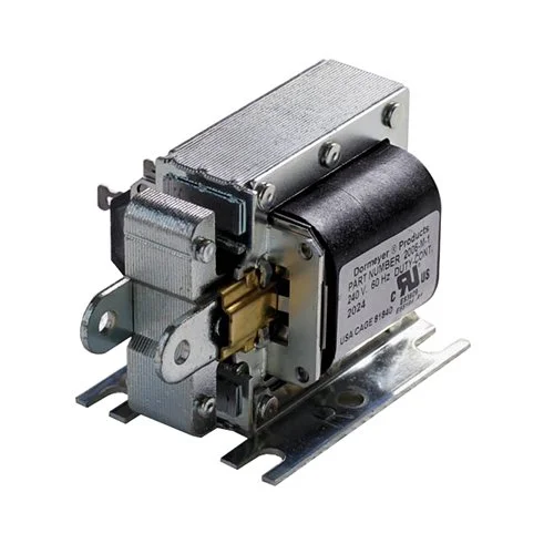 A small, metal, electrical component with a coil, mounting brackets, and a label with specifications.