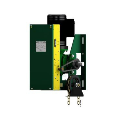 Industrial mechanical device, possibly a part of a machine or tool with green, black, and yellow components, along with chains and a black control knob.