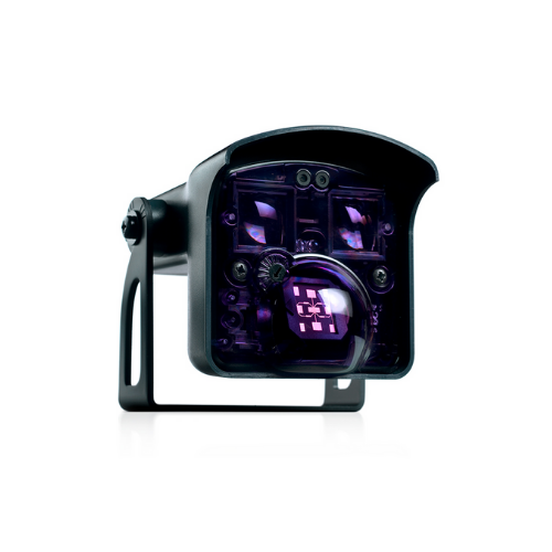 A close-up of a black surveying or scanning device with illuminated interior components, including gears and electronic parts.
