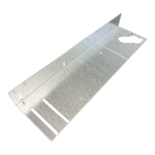 A metal mounting bracket with multiple holes and slots, likely used for electronic or mechanical assembly.