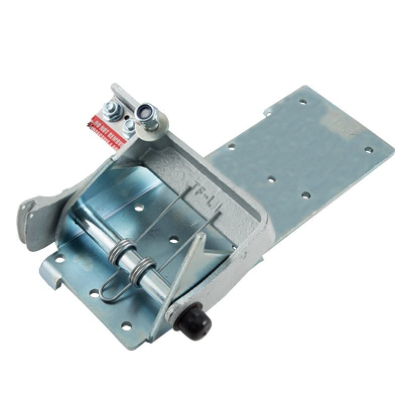 Metal mechanical device with spring, screws, and a sliding component.
