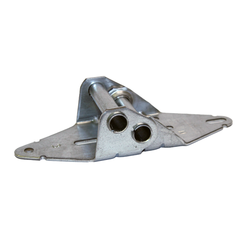 A metal door hinge with two screw holes and a pin, isolated on a white background.