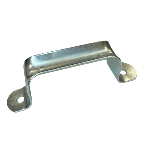 A metal cabinet handle with two mounting holes, isolated on a white background.
