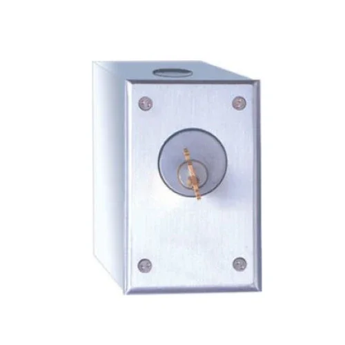 A metal electrical enclosure with a circular dial switch on the front.