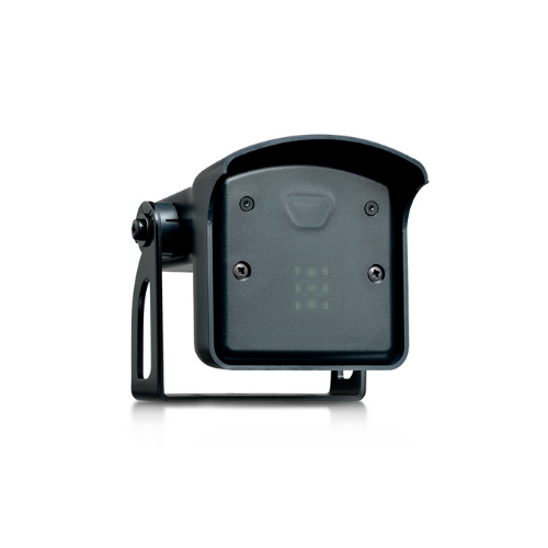A black electronic device with a small green digital display and a curved top, attached to a mounting bracket on the side.