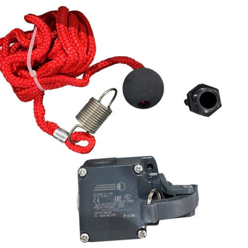 A red bungee cord with metal hooks, a black rubber ball, a metal lock, and a plastic device with wiring attached.