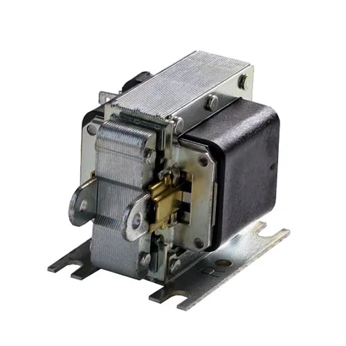 A mechanical relay switch with metal components and a black plastic casing.