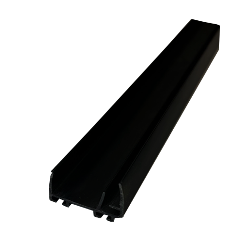 Black plastic or metal rail or track with a U-shaped cross section.