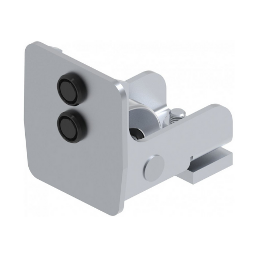 A metallic latch lock with two black buttons on the side.