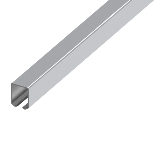 Close-up of a metallic U-shaped channel or rail with a sleek, silver finish.