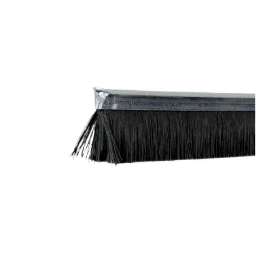 Close-up of a door seal brush in black with a aluminum edge