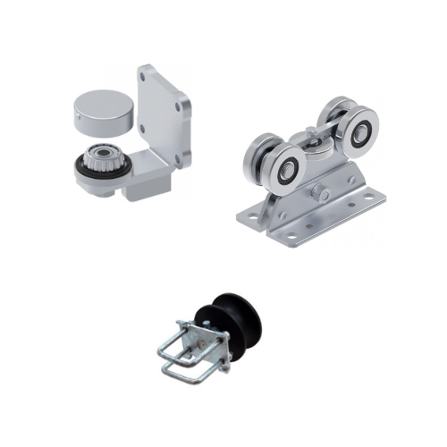 Set of industrial hardware components, including a locking mechanism, roller assembly, and caster wheel.