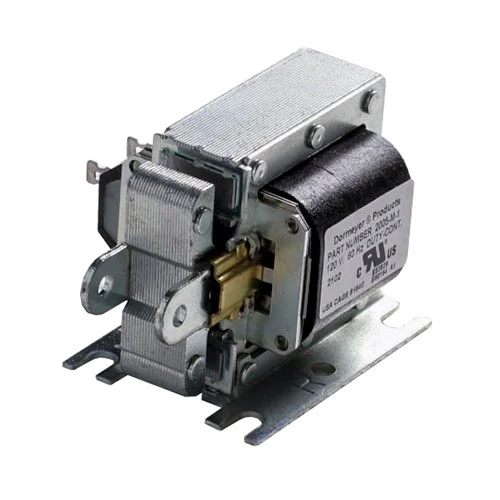 A close-up of an electromechanical relay with metal components, wires, and a black coil, mounted on a metal base.