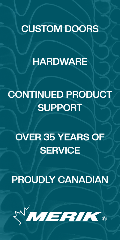 Text on teal background advertising Merik, a Canadian company specializing in custom doors, hardware, and product support, with over 35 years of service.