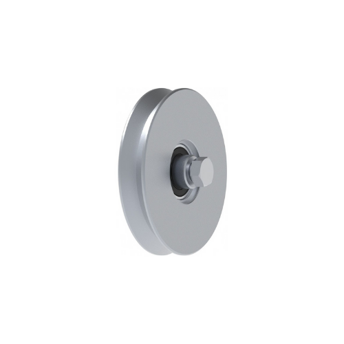 A close-up of a metal pulley or wheel with a central hub, used in machinery or lifting devices.